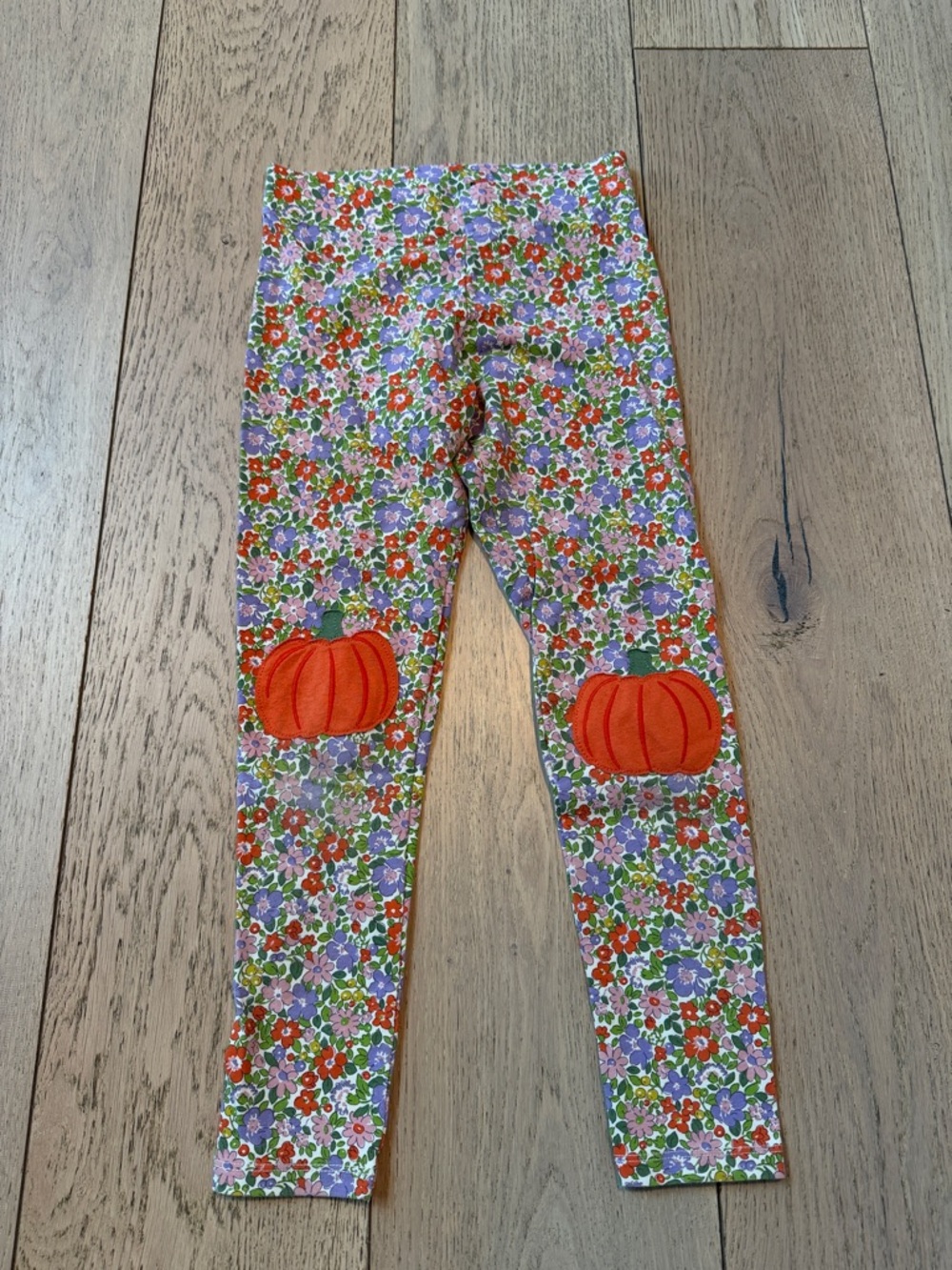 Boden Girls Floral Leggings with Pumpkin Knee Patches